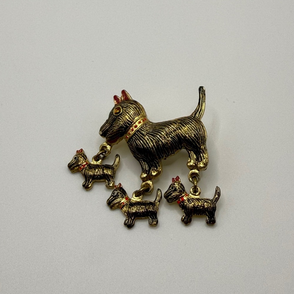 Vintage Gold Tone Scottie Dog Mother‎ and Puppies Dangle Brooch Pin Korea